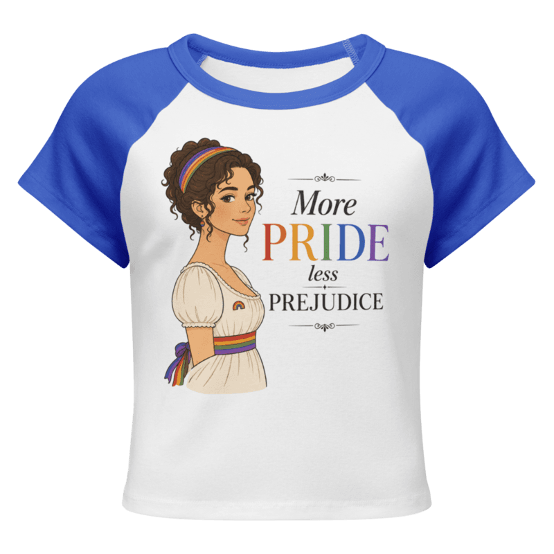 PRIDE and Prejudice Women’s micro rib raglan baby tee — White /True Royal / S