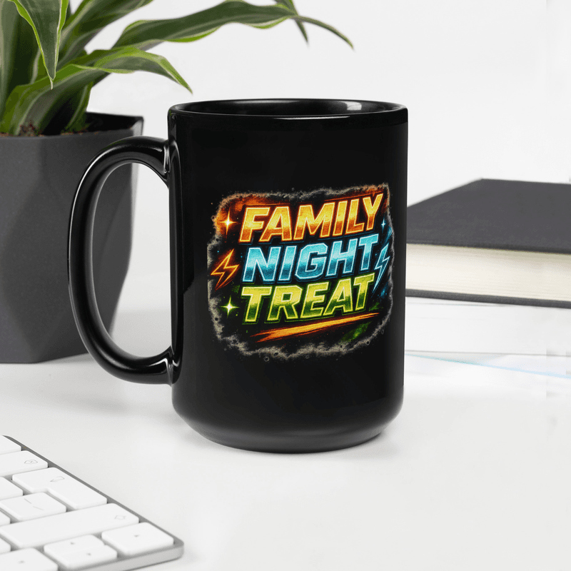 Family Night Treat Black Glossy Mug — Black / 15 oz