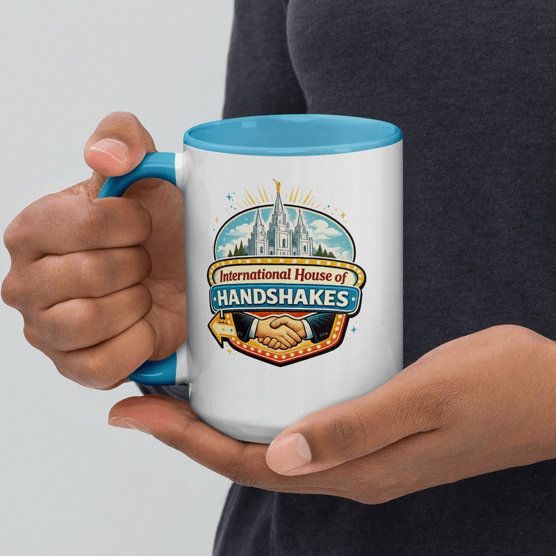 House of Handshakes Mug with Color Inside — Blue / 15 oz